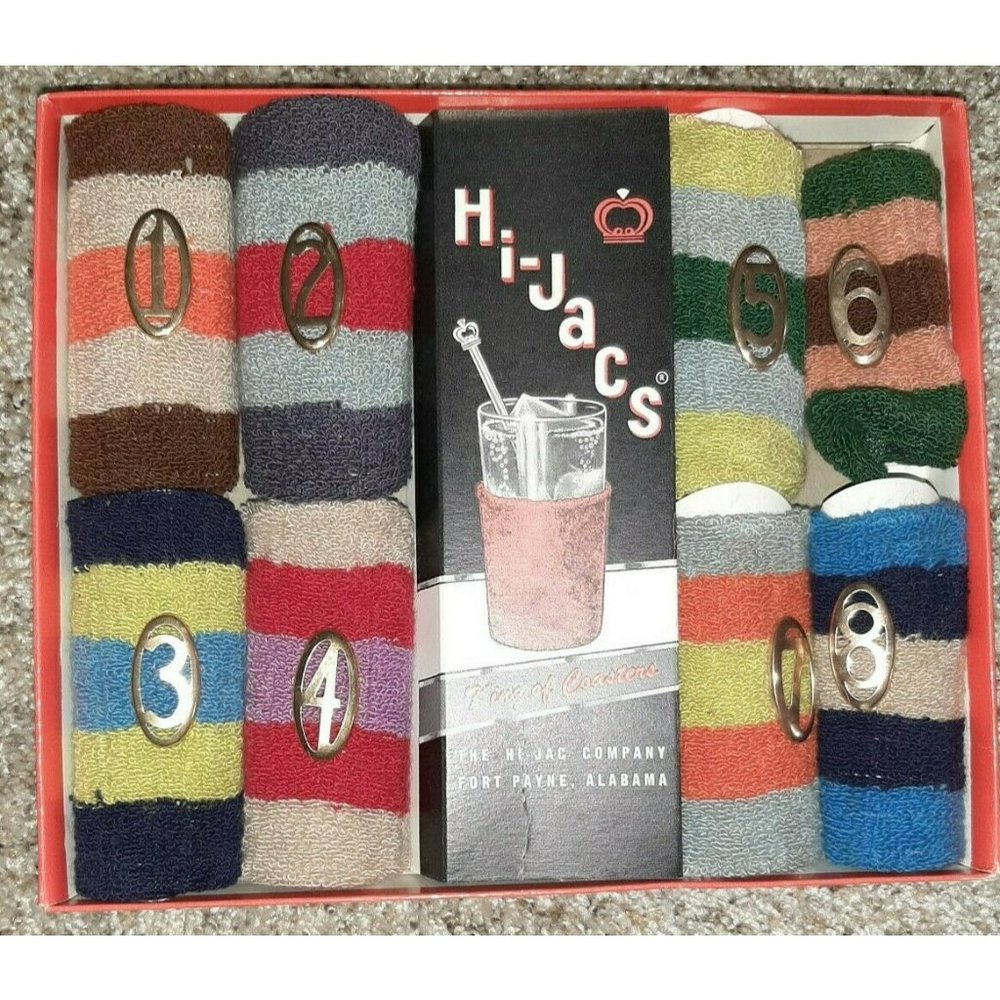 Vintage Set of 6 Hi-Jacs Brands Knit Bar Gift Glass Cozies New In Box USA